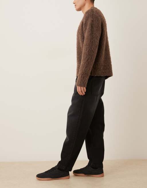 ASOS DESIGN Relaxed taper elasticated trouser with drawcord in black wash, 3 of 5