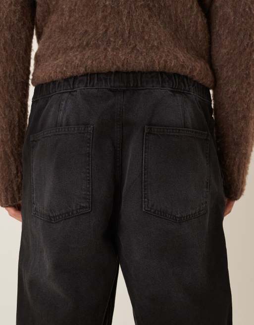 ASOS DESIGN Relaxed taper elasticated trouser with drawcord in black wash, 4 of 5