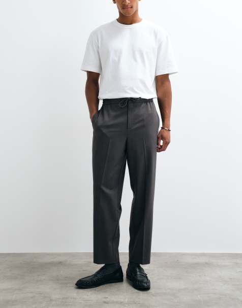 ASOS DESIGN relaxed tapered broek met aantrekkoord in antracietgrijze twill - view 1