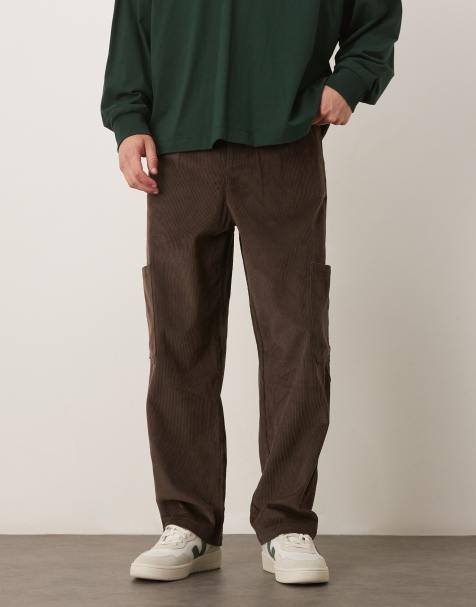 ASOS DESIGN relaxed tapered cargo pants in brown corduroy with pleats - view 1