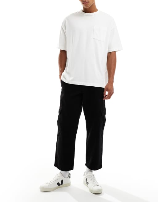 ASOS DESIGN relaxed tapered cargo trousers in black with pleats