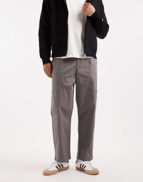 ASOS DESIGN relaxed tapered cargo trousers in charcoal with pleats
