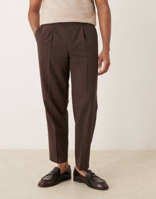 Asos Design Relaxed Tapered Chino Dress Pants With Front Pleats In Brown