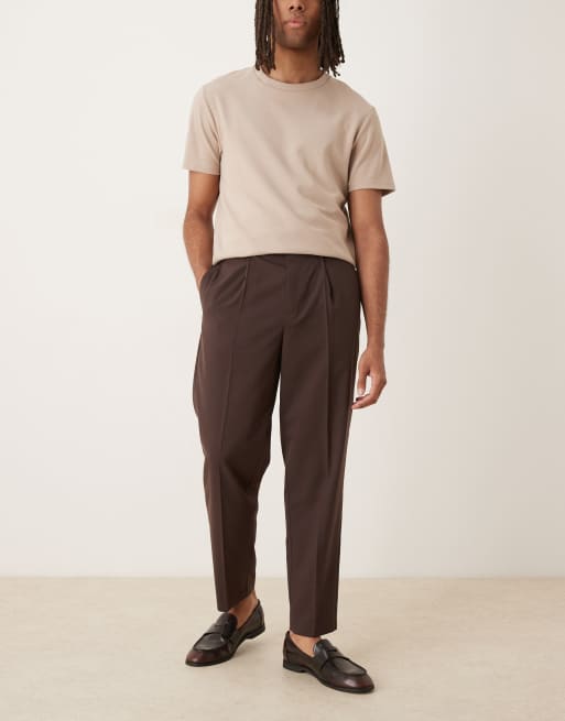 ASOS DESIGN relaxed tapered chino dress pants with front pleats in dark brown