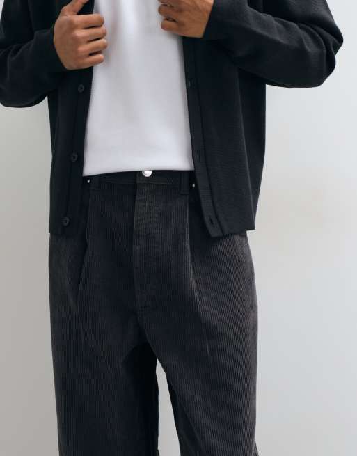 ASOS DESIGN relaxed tapered corduroy trousers in charcoal, 4 of 5