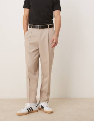 Asos Design Relaxed Tapered Fit Dress Pants With Front Pleats In Neutral