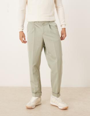 Asos Design Relaxed Tapered Fit Smart Pants With Turn-up In Green