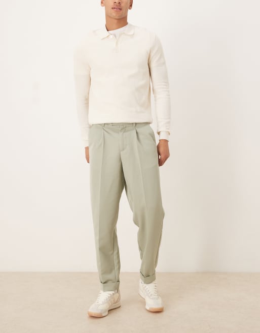 ASOS DESIGN relaxed tapered fit smart pants with turn-up in sage green, 2 of 5
