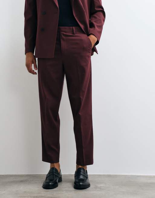 ASOS DESIGN relaxed tapered fit suit pants in burgundy, 2 of 5