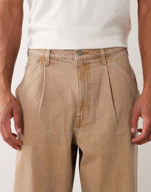 ASOS DESIGN relaxed tapered jeans in washed brown with pleats, 5 of 5
