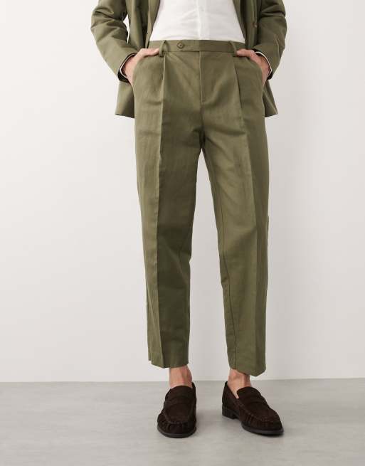ASOS DESIGN relaxed tapered linen-rich suit pants in dark olive, 2 of 7