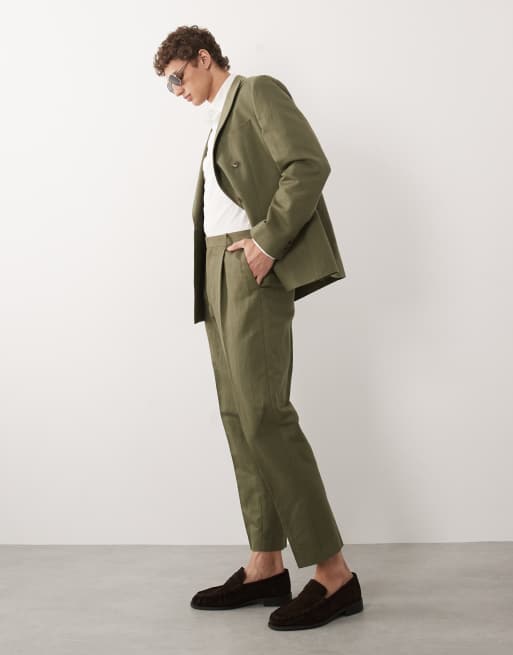 ASOS DESIGN relaxed tapered linen-rich suit pants in dark olive, 3 of 7