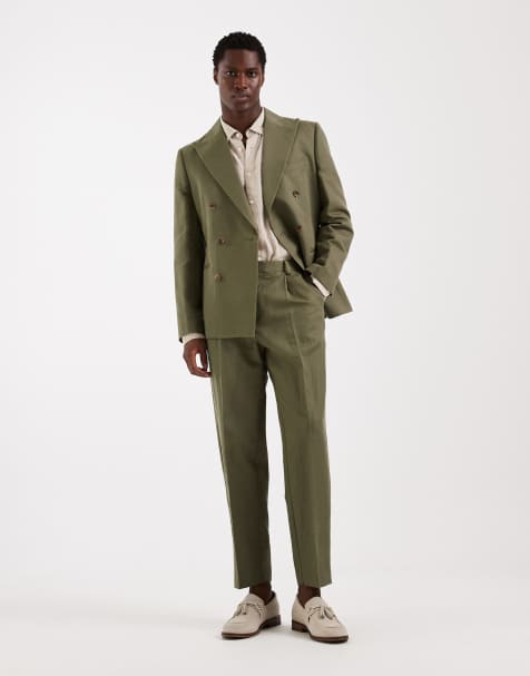ASOS DESIGN relaxed tapered linen rich suit trousers in dark olive - view 1