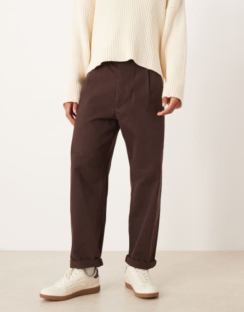 ASOS DESIGN relaxed tapered pants in brown with rolled hem - view 1