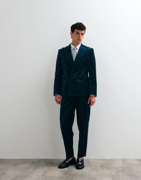 ASOS DESIGN relaxed tapered pleat front suit in dark teal cotton velvet - view 1