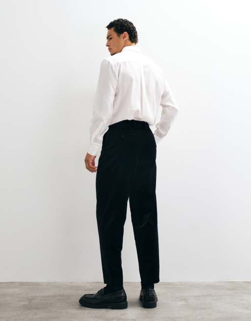 ASOS DESIGN relaxed tapered pleat front suit pants in black cotton velvet, 3 of 10