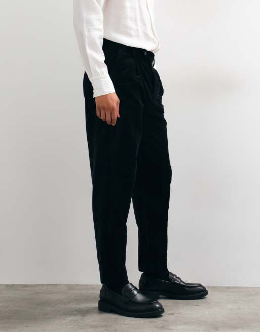 ASOS DESIGN relaxed tapered pleat front suit pants in black cotton velvet, 5 of 10