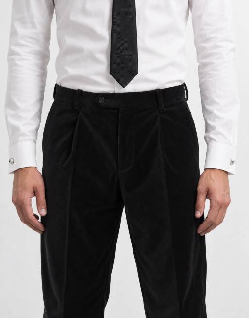 ASOS DESIGN relaxed tapered pleat front suit pants in black cotton velvet, 9 of 10