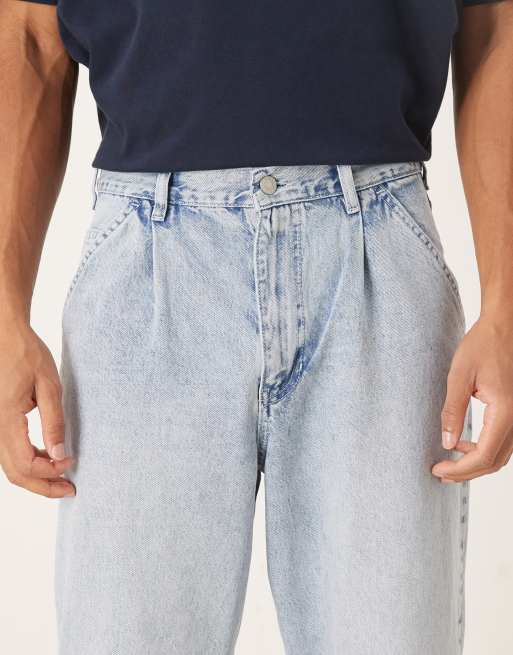 ASOS DESIGN relaxed tapered pleated jeans in bleach wash denim, 3 of 5