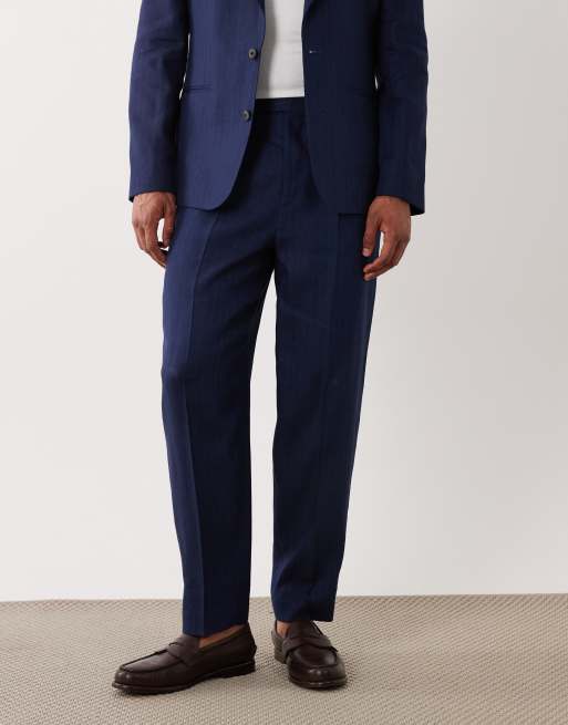 ASOS DESIGN relaxed tapered premium linnenrijke pakbroek in navy, 2 van 5