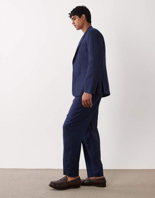 ASOS DESIGN relaxed tapered premium linnenrijke pakbroek in navy, 3 van 5