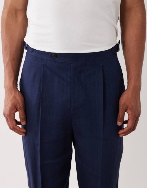 ASOS DESIGN relaxed tapered premium linnenrijke pakbroek in navy, 4 van 5