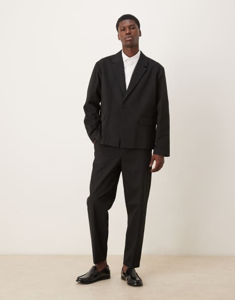 ASOS DESIGN relaxed tapered suit pants in black cotton - view 1
