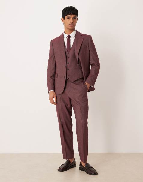 ASOS DESIGN relaxed tapered suit pants in burgundy herringbone - view 1