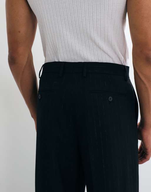 ASOS DESIGN relaxed tapered suit trousers in black metallic pinstripe, 3 of 5