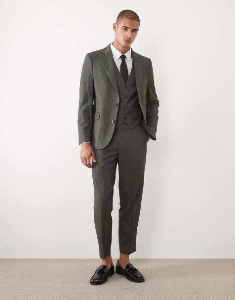 ASOS DESIGN relaxed tapered suit trousers in dark green herringbone