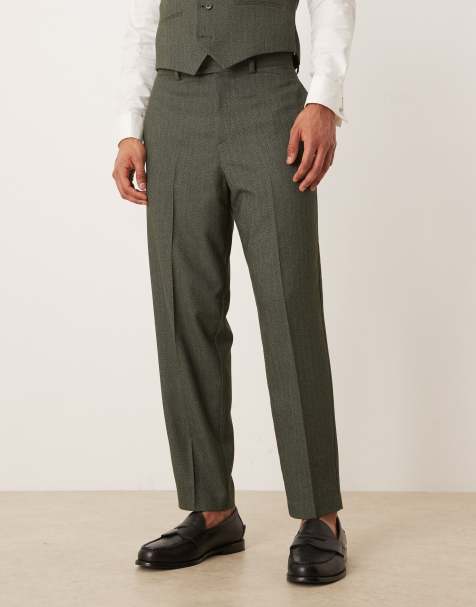 ASOS DESIGN relaxed tapered suit trousers in dark green herringbone - view 2