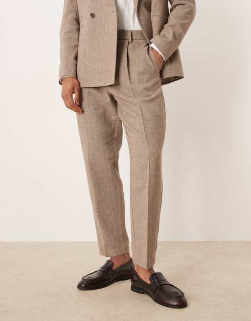 ASOS DESIGN relaxed tapered suit trousers in neutral herringbone, 2 of 5