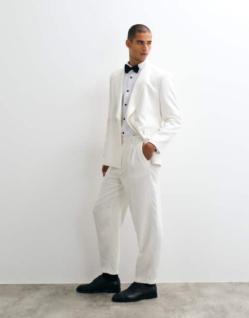 ASOS DESIGN relaxed tapered tuxedo suit pants in ivory white, 3 of 5