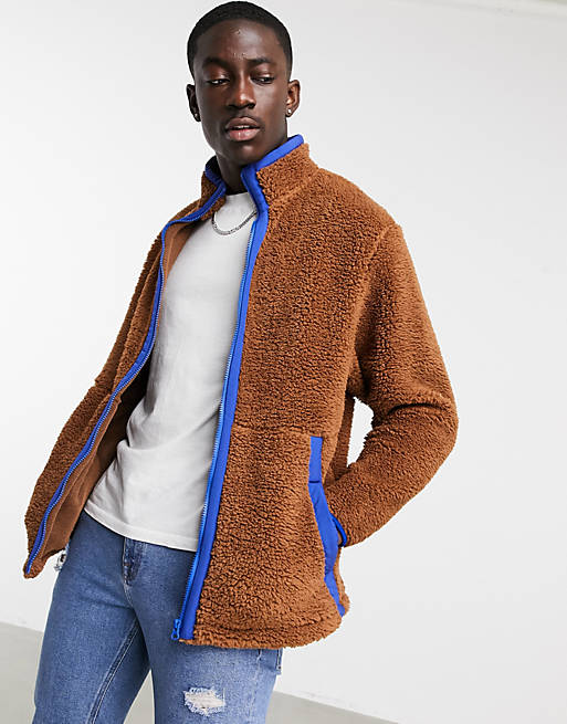 ASOS DESIGN relaxed teddy borg track jacket in brown with nylon details ...