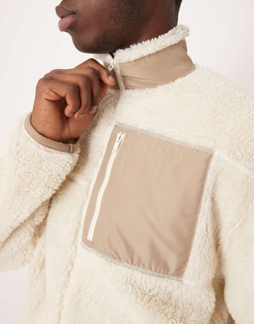 ASOS DESIGN relaxed teddy zip up jacket in off white, 5 of 5