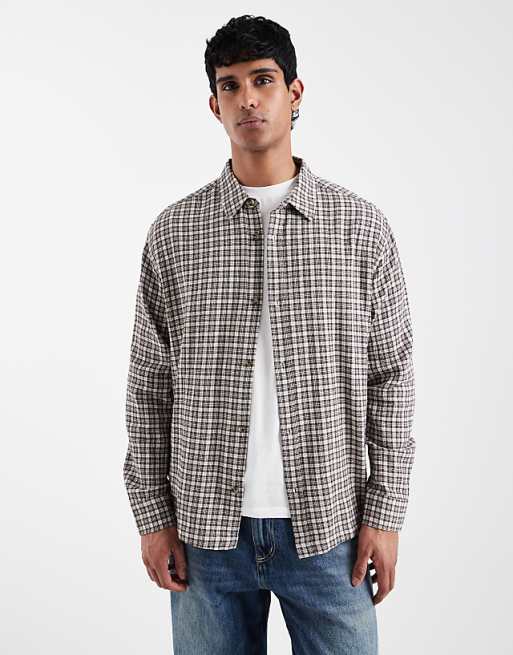ASOS DESIGN relaxed textured check shirt in brown