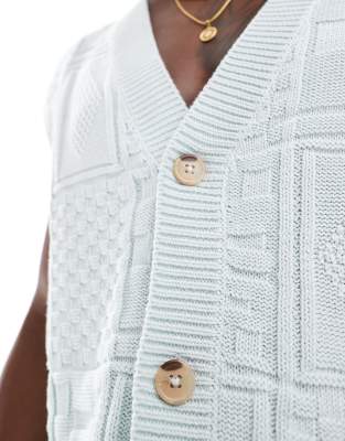 Asos Design Relaxed Textured Knit Button Up Sleeveless Cardigan In Blue