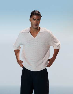 Asos Design Relaxed Textured Knit Notch Neck Polo Shirt In White