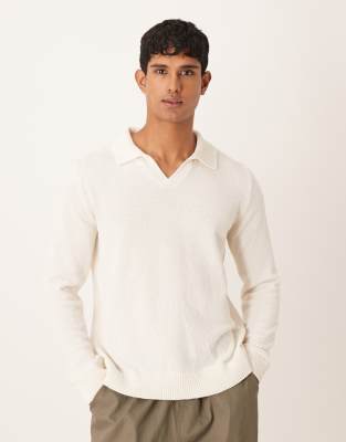 Asos Design Relaxed Textured Long Sleeve Knit Notch Neck Polo In White