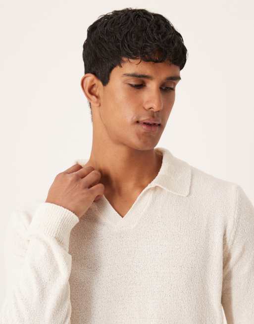 ASOS DESIGN - Polo comoda testurizzata in maglia écru a maniche lunghe con intaglio sul collo
