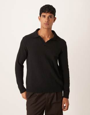 Asos Design Relaxed Textured Long Sleeve Knit Notch Neck Polo In Black