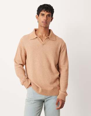 Asos Design Relaxed Textured Long Sleeve Knit Notch Neck Polo Shirt In Brown