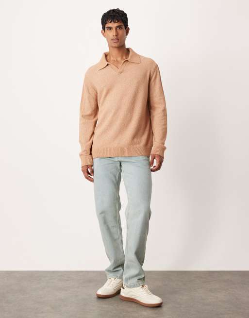 ASOS DESIGN relaxed textured long sleeve knit notch neck polo shirt in brown, 2 of 5
