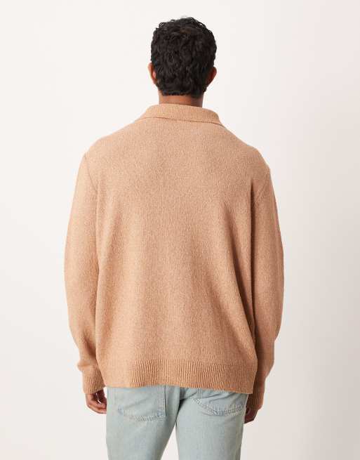 ASOS DESIGN relaxed textured long sleeve knit notch neck polo shirt in brown, 3 of 5