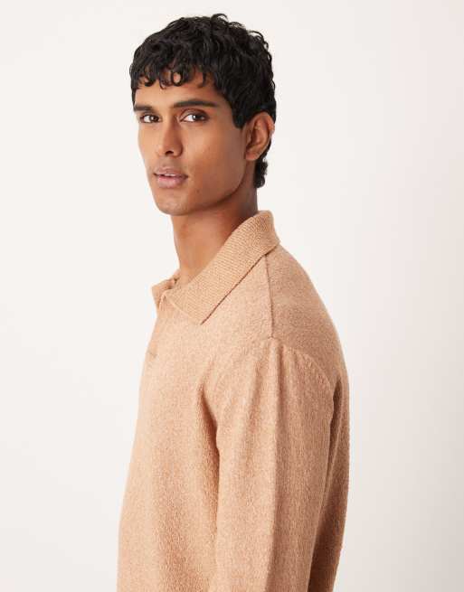 ASOS DESIGN relaxed textured long sleeve knit notch neck polo shirt in brown, 4 of 5