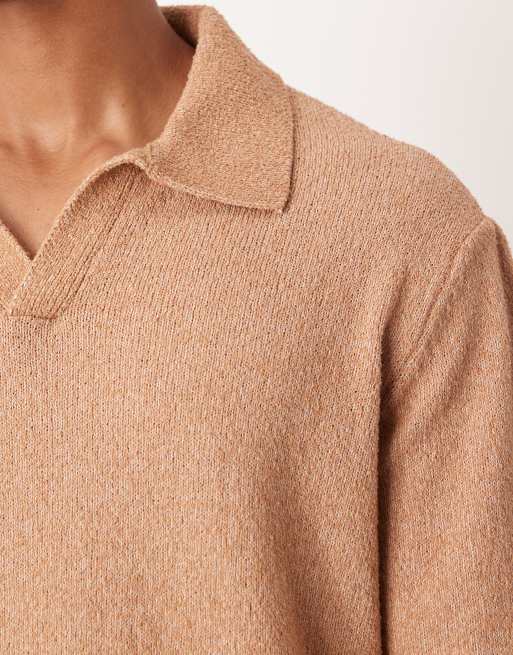 ASOS DESIGN relaxed textured long sleeve knit notch neck polo shirt in brown, 5 of 5