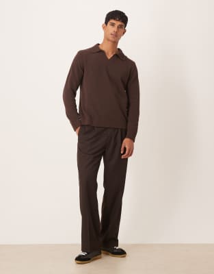 Asos Design Relaxed Textured Long Sleeve Knit Notch Neck Polo Shirt In Brown
