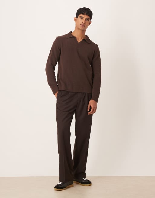 ASOS DESIGN relaxed textured long sleeve knit notch neck polo shirt in brown