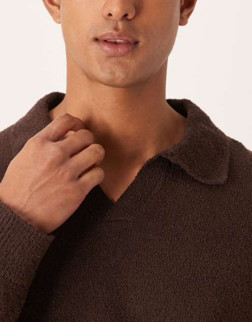 ASOS DESIGN relaxed textured long sleeve knit notch neck polo shirt in brown