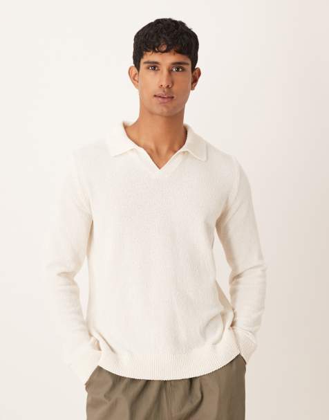 ASOS DESIGN relaxed textured long sleeve knitted notch neck polo in ecru - view 1